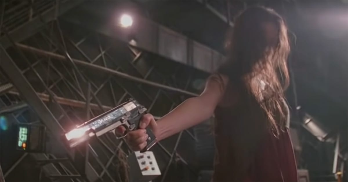 Image of River with a large pistol from the TV show Firefly.