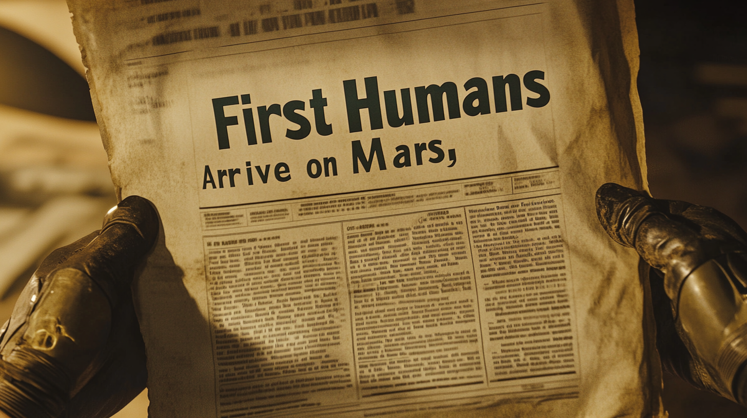 Image of a newspaper that say "First Humans Arrive on Mars"