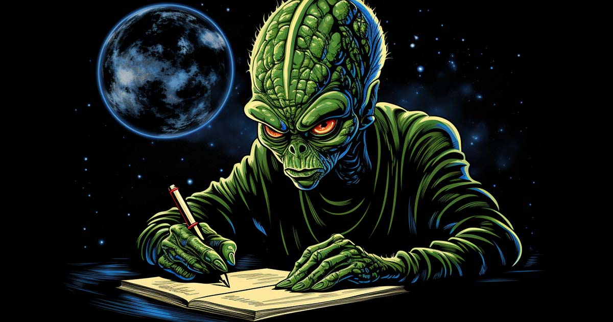 An AI-generated image of an alien writing.