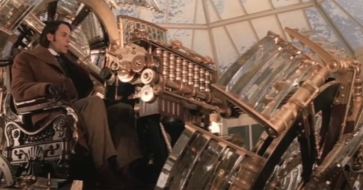 Image of Guy Pearce as Alexander Hartdegen sitting in the time machine from the 2002 movie TheTime Machine.