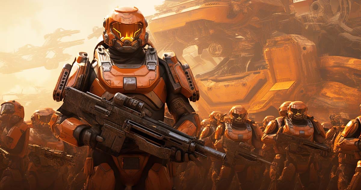 An AI-generated image of a science fiction battle field and a soldier wearing orange battle armor.