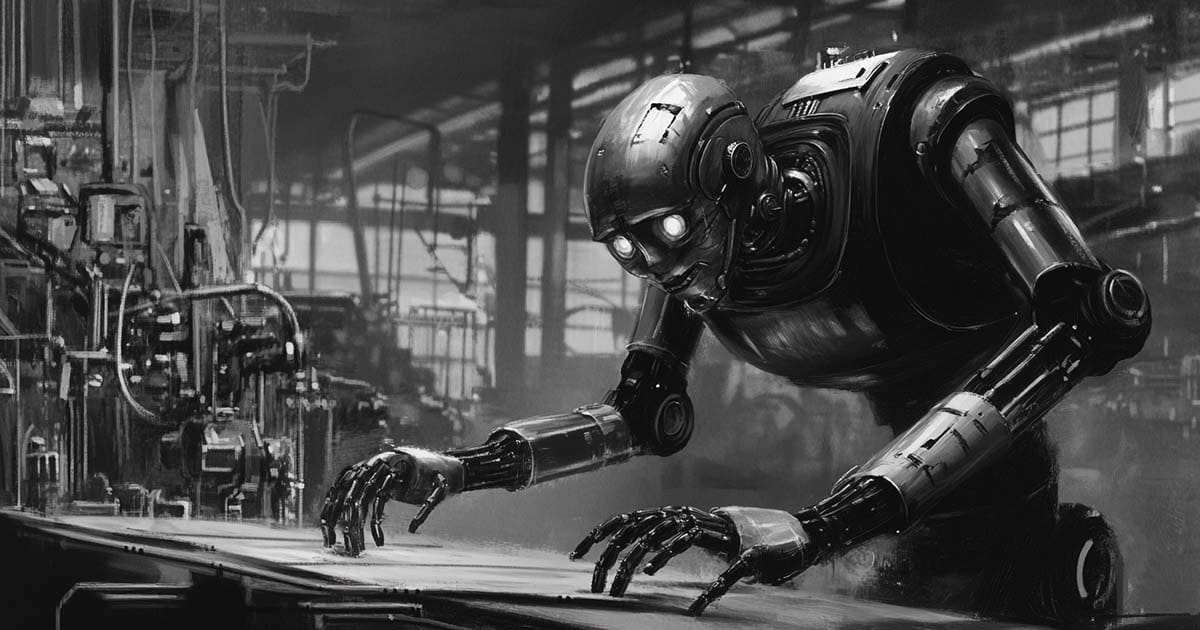 A retro science fiction image of a robot working in a factory.