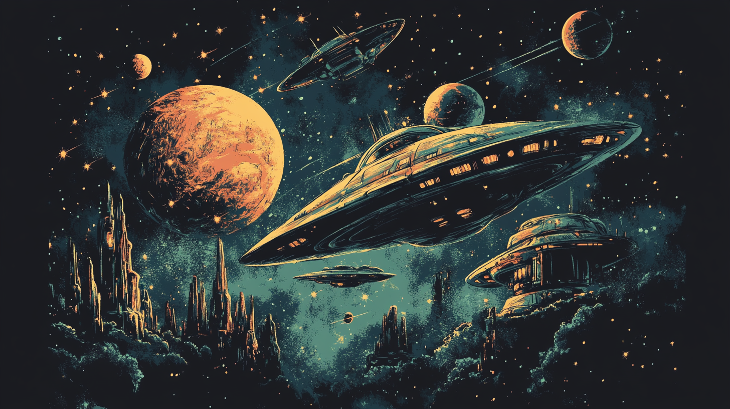 Illustration of futuristic spaceships and alien landscapes, capturing the essence of classic science fiction.