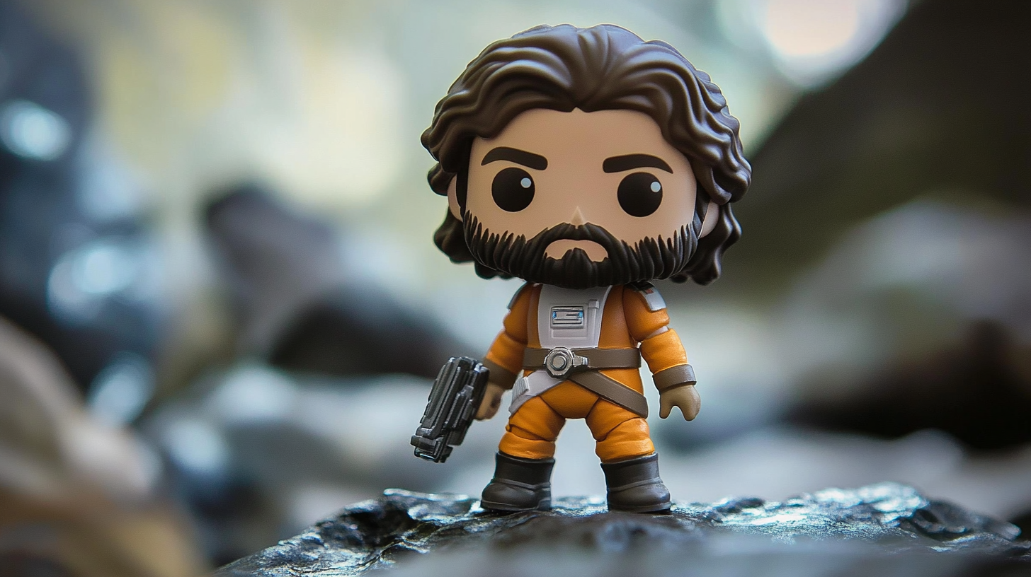 Funko Pop type figure of a bearded man in an orange spacesuit with a blaster, standing heroically on a rocky surface.