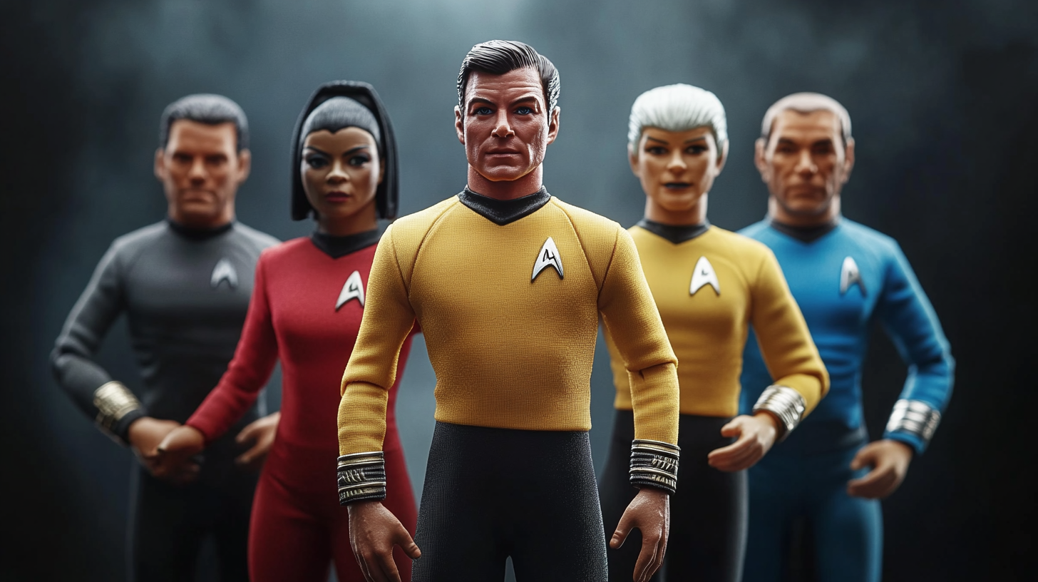 A group of Star Trek action figures in classic Starfleet uniforms.