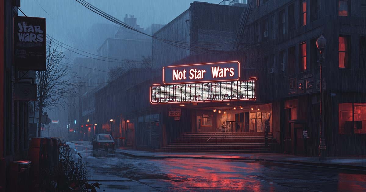 An image of a movie theater with a marque that reads "Not Star Wars."