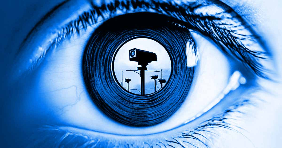 An image of an eye with a surveillance camera in the pupil.