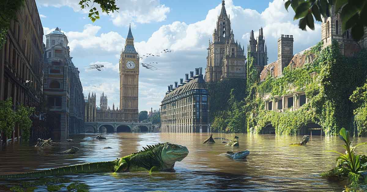 An image of a post-apocalyptic London, partially submerged in water.