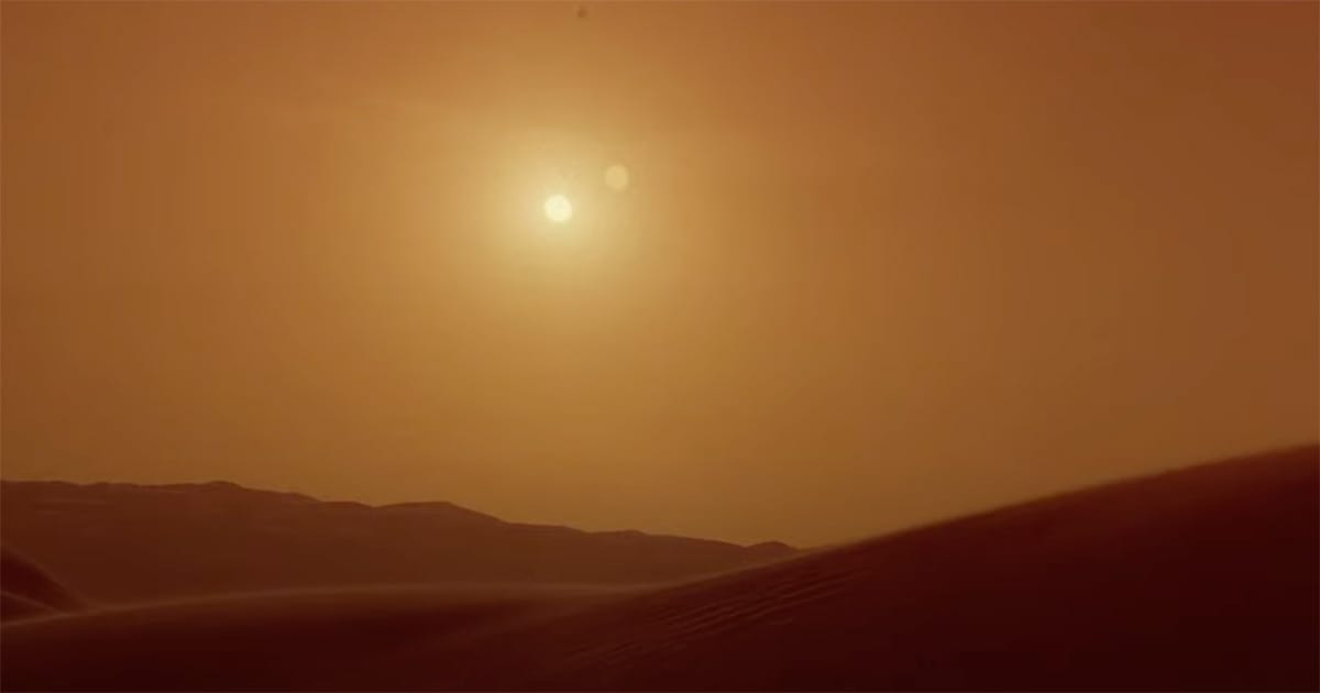 A sunlit desert landscape with two suns in the sky, evoking the harsh and mysterious world of Arrakis from Dune (1984).