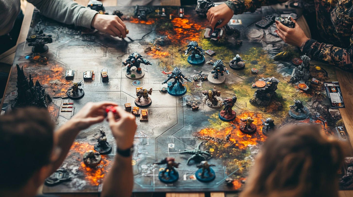 A group of players engaged in a science fiction board game featuring miniature soldiers and alien creatures on a battlefield.