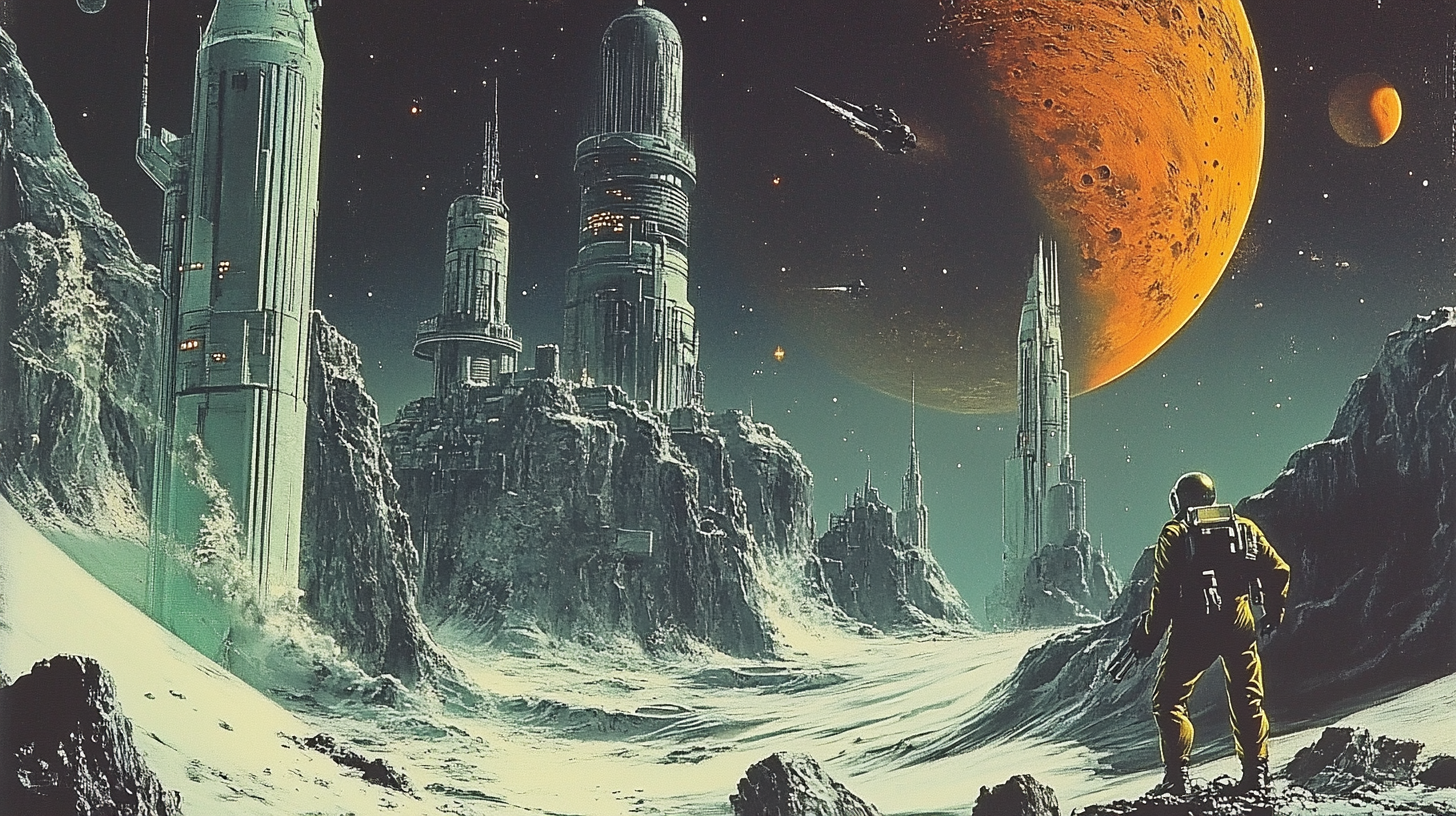 Astronaut on snowy terrain, futuristic towers, and planets in the sky.