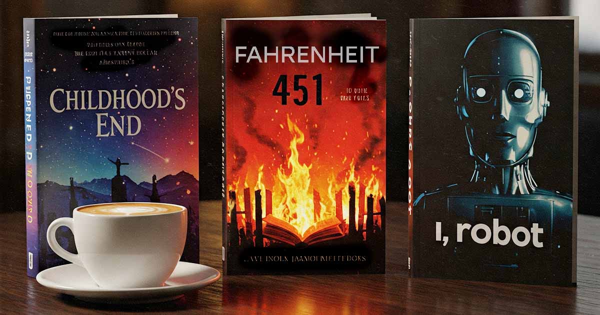 Three sci-fi books on a table with a coffee cup.