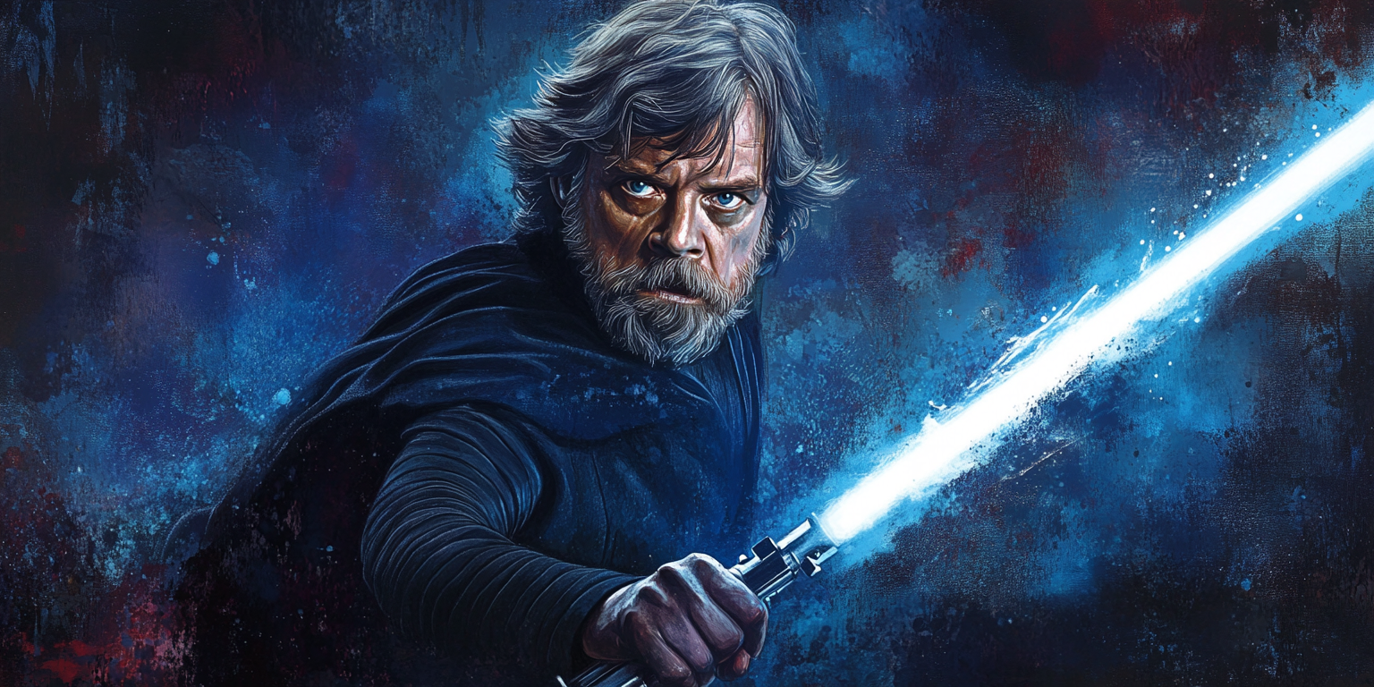 Illustration of Luke Skywalker wielding a blue lightsaber, symbolizing his role as a Jedi Knight.