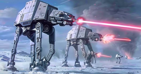 AT-ATs fight in the battle of Hoth. An AI-generated image.