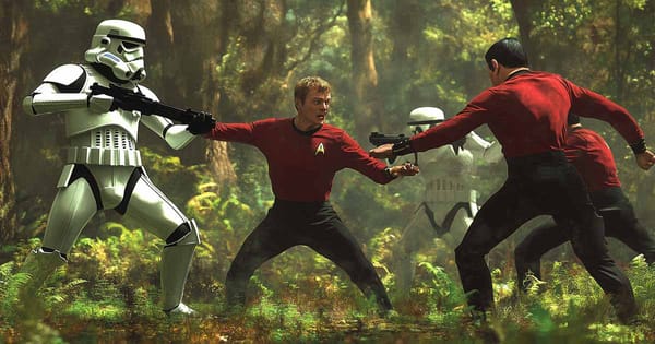 Star Wars stormtroopers vs. Star Trek Red Shirts.