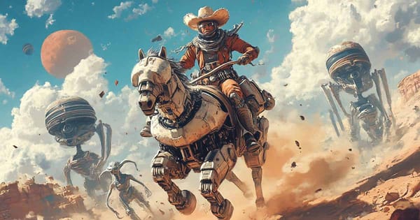 A space cowboy riding a robot horse.