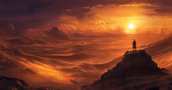 Dune fan art, Paul Atreides looks out over the surface of Dune.