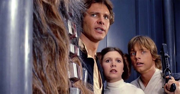 A screen capture featuring Luke, Leia, and Han.