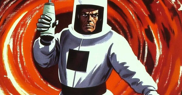 A retro-style illustration of a man in a white radiation suit holding a scientific device.