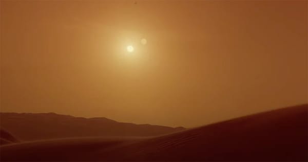 A sunlit desert landscape with two suns in the sky, evoking the harsh and mysterious world of Arrakis from Dune (1984).