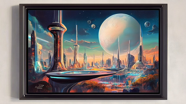 Framed sci-fi cityscape with tall spires and a large planet in the sky.