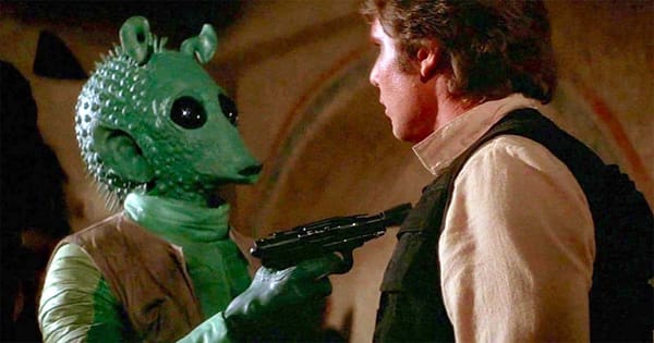 Harrison Ford as Han Solo and Paul Blake as Greedo.