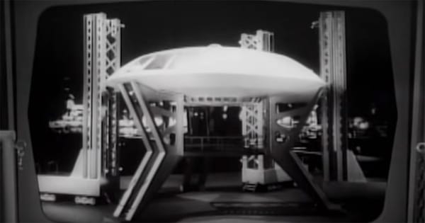 Black and white image of the Jupiter 2 spacecraft from "Lost in Space."